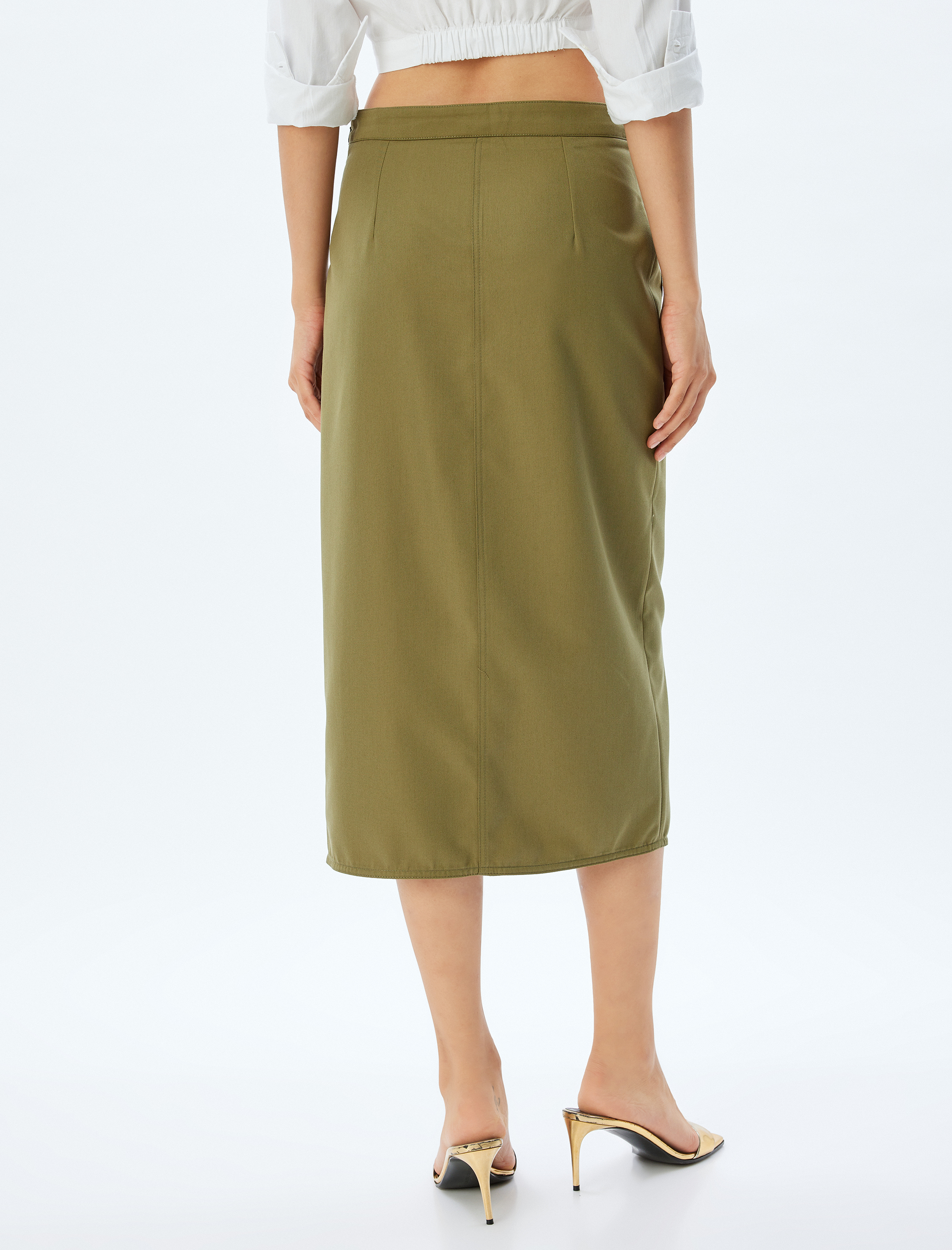  Yüksek Bel Cepli Önden Yırtmaç Detaylı Midi Kalem Etek