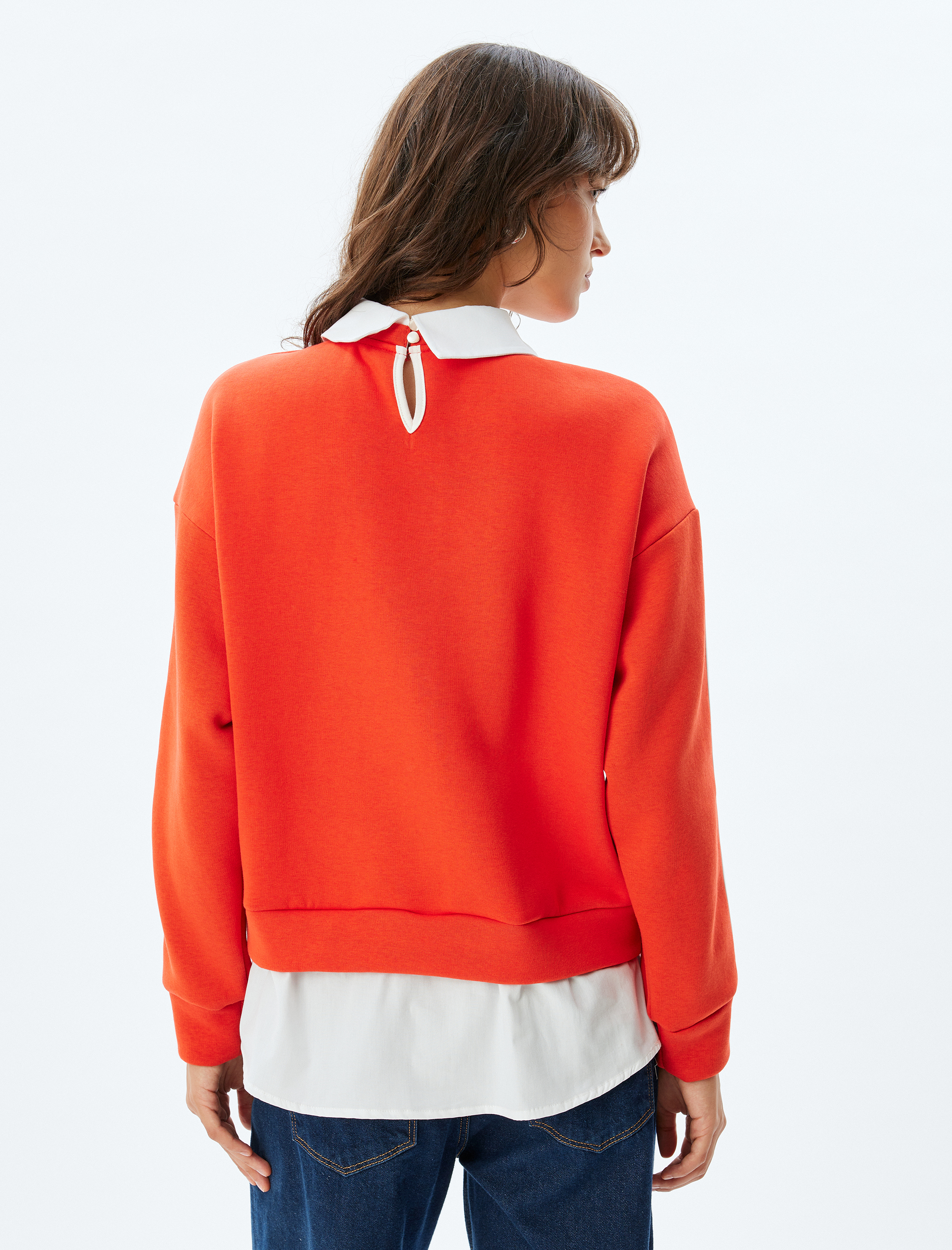   Uzun Kolu Üç İplik Şardonlu Rahat Kalıp Gömlek Yaka Çizgili Sweatshirt