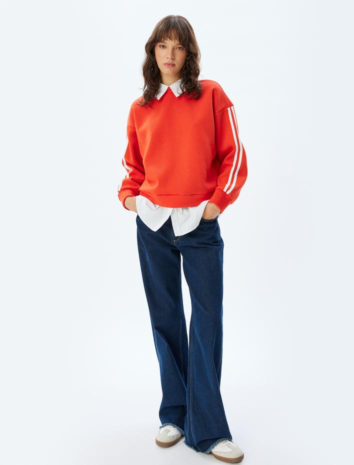  Uzun Kolu Üç İplik Şardonlu Rahat Kalıp Gömlek Yaka Çizgili Sweatshirt
