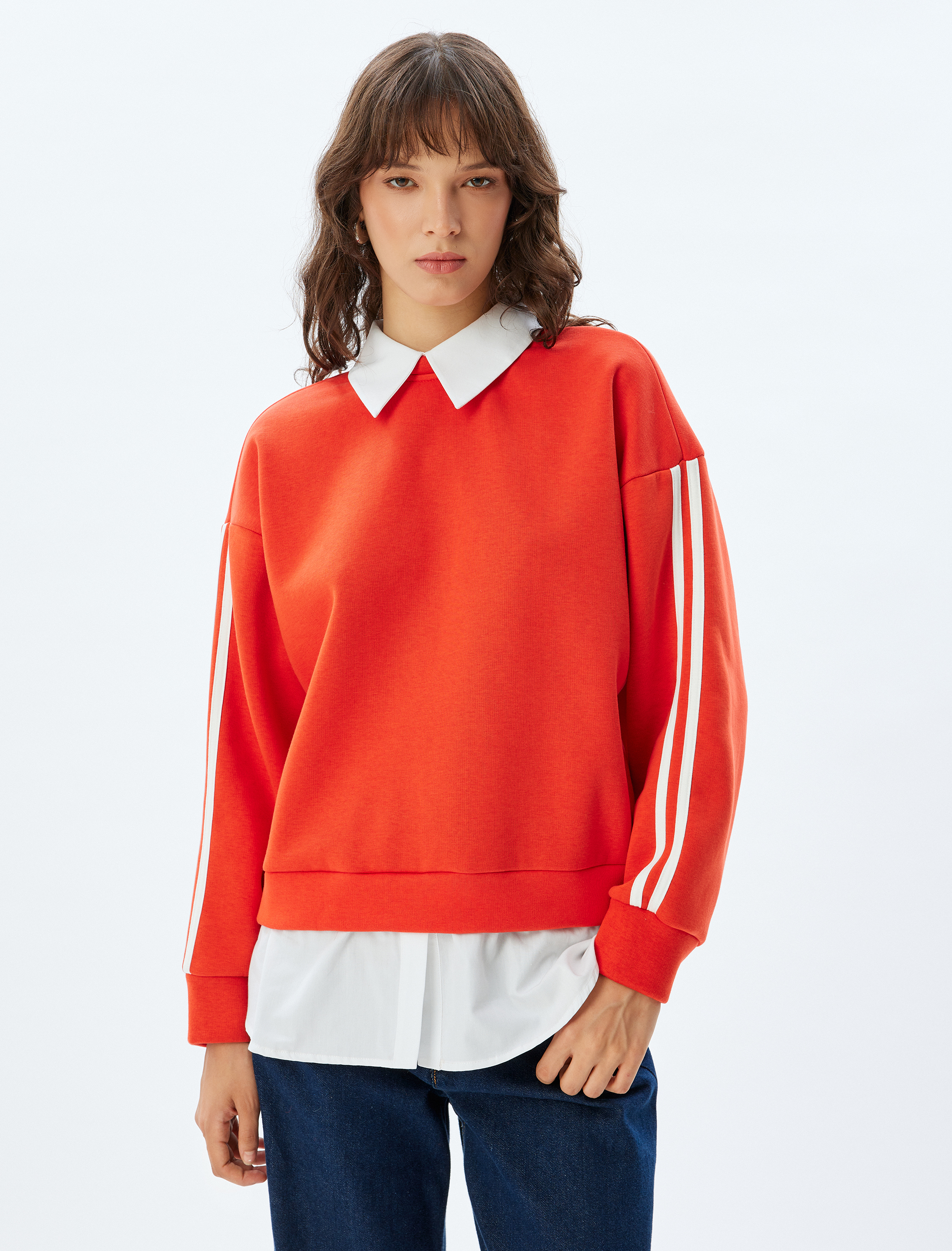   Uzun Kolu Üç İplik Şardonlu Rahat Kalıp Gömlek Yaka Çizgili Sweatshirt