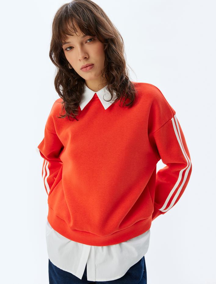  Uzun Kolu Üç İplik Şardonlu Rahat Kalıp Gömlek Yaka Çizgili Sweatshirt