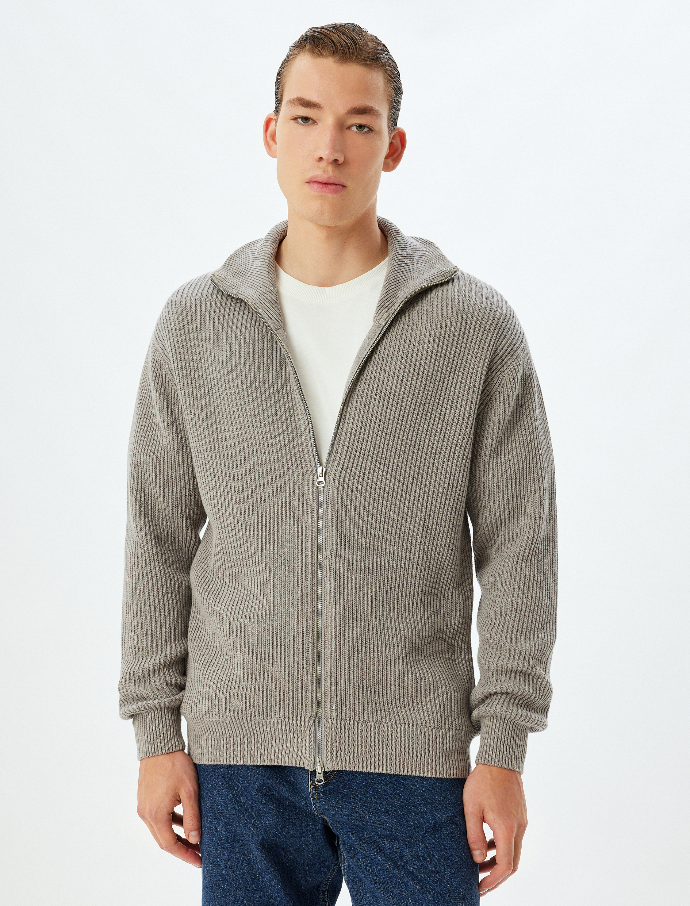   Triko Hırka Basic Fermuarlı Cep Detaylı Dokulu Pamuklu