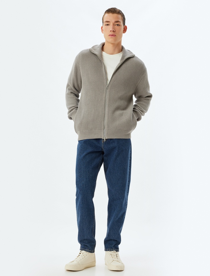  Triko Hırka Basic Fermuarlı Cep Detaylı Dokulu Pamuklu