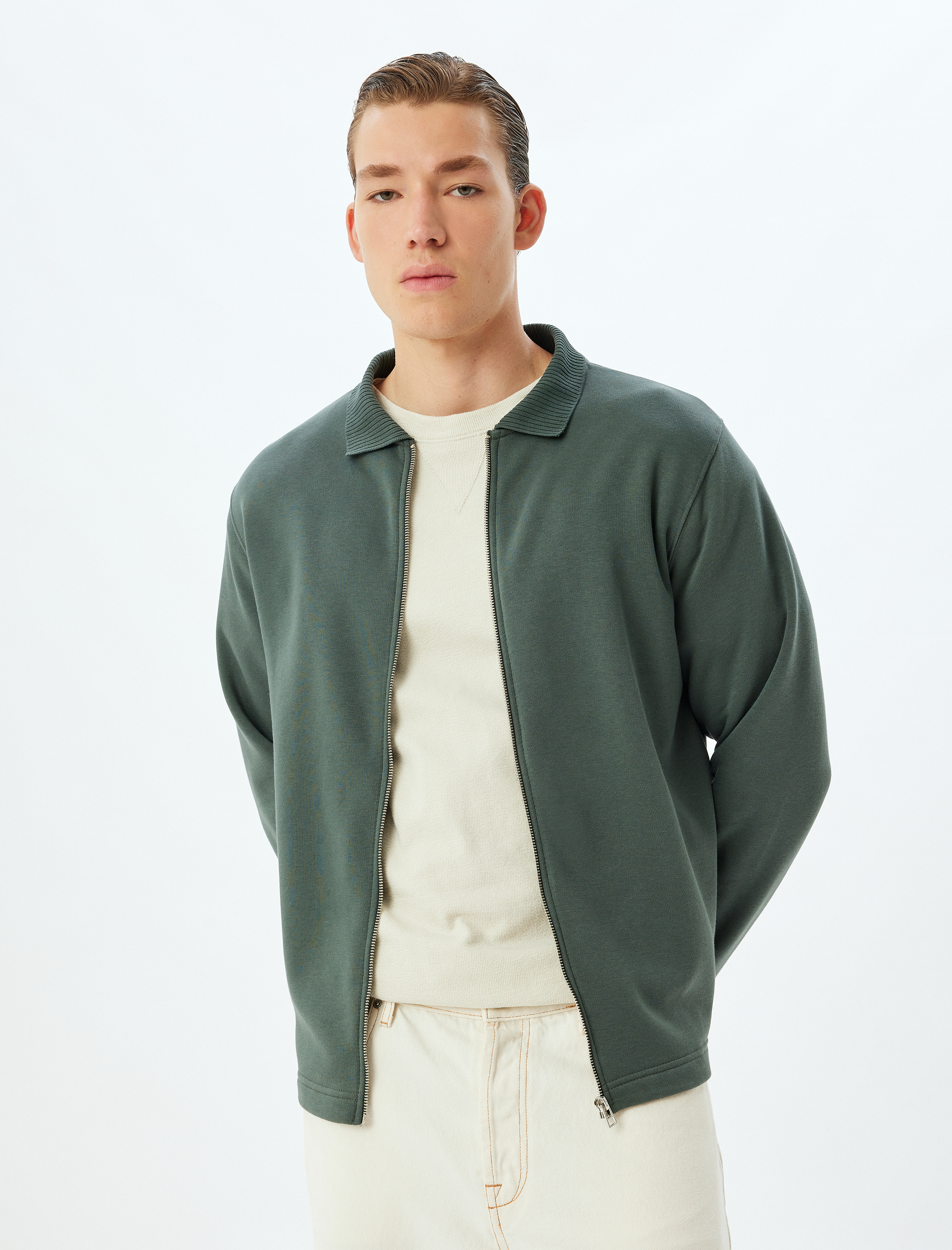   Basic Şardonlu Pamuk Karışımlı Fermuarlı Hırka