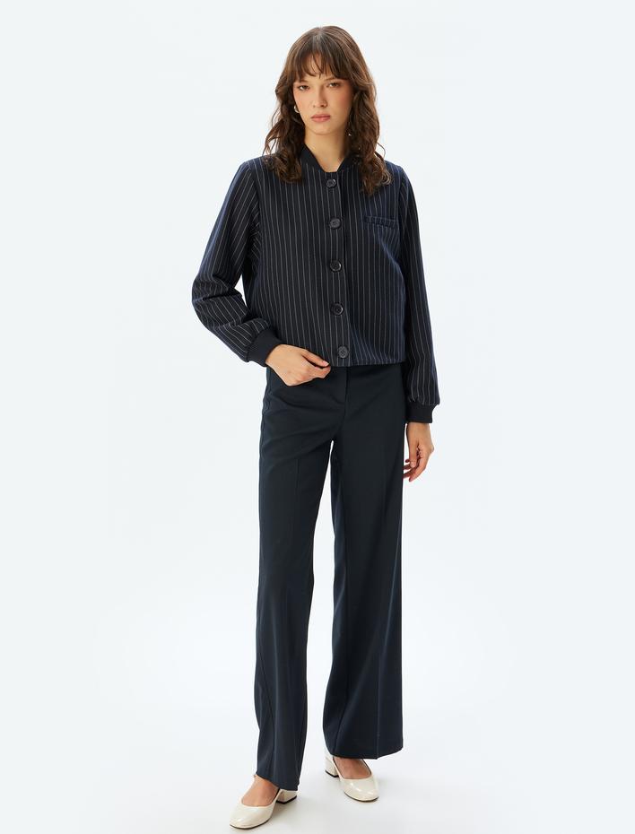  Ceket Yuvarlak Yaka Düğmeli Uzun Kollu Cep Detaylı Astarlı