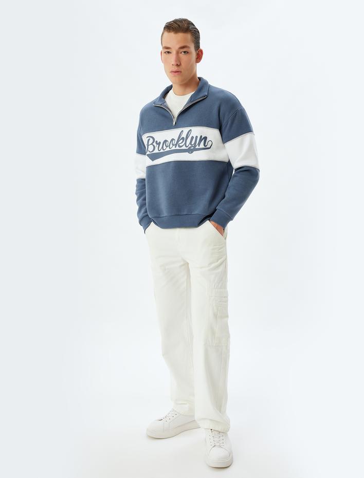  Kolej Baskılı Yarım Fermuarlı Renk Bloklu Şardonlu Pamuk Karışımlı Oversize Sweatshirt