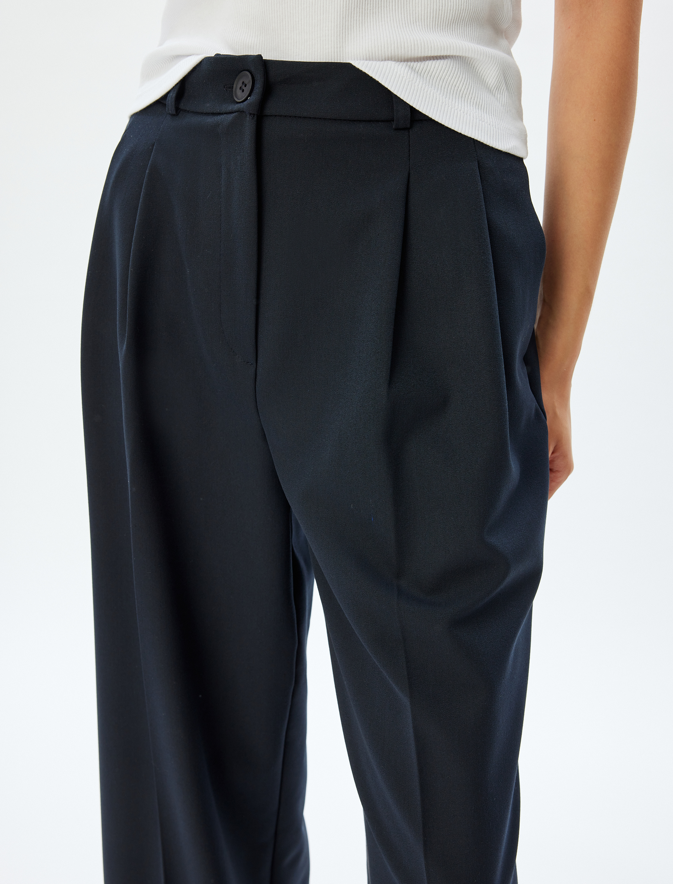   Kumaş Pileli Pantolon Bol Paça Cepli