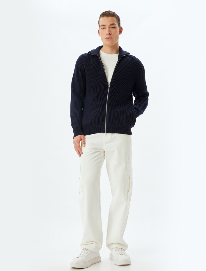  Triko Hırka Basic Fermuarlı Cep Detaylı Dokulu Pamuklu