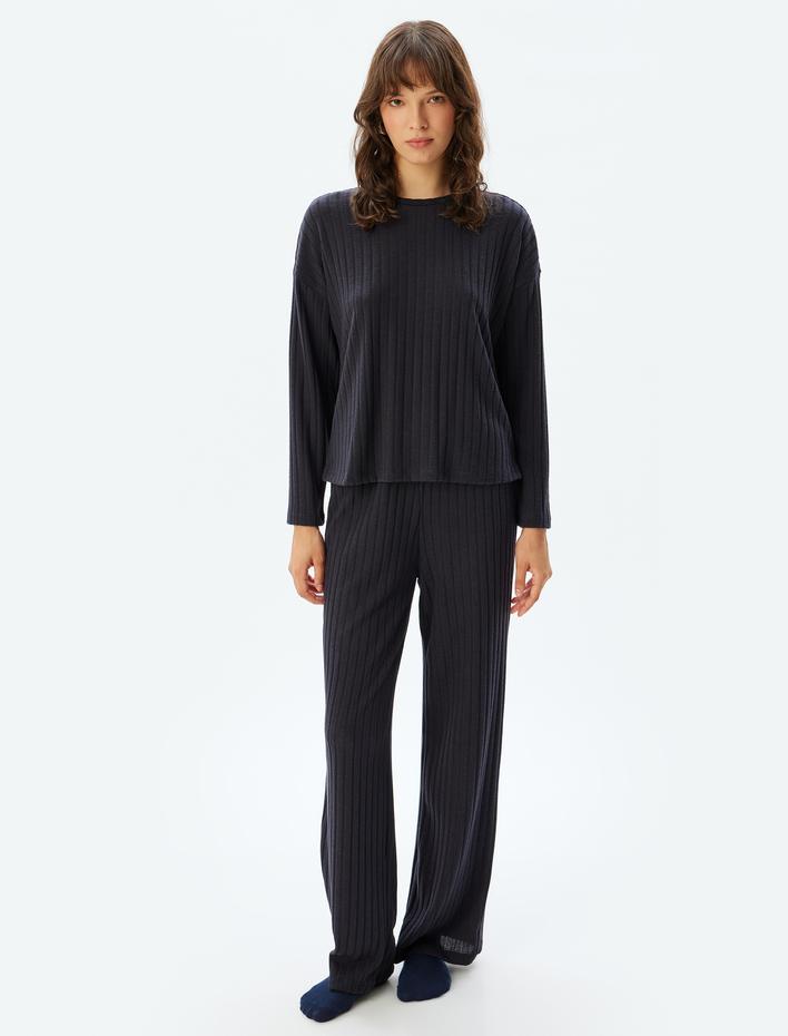  Örme Pijama Üstü Uzun Kollu Bisiklet Yaka Rahat Kalıp