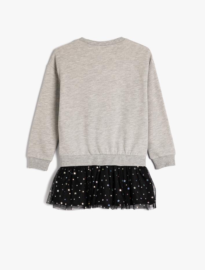 Kız Çocuk Yuvarlak Yaka Uzun Kollu Pullu Payetli Şardonlu Tütü Etekli Elbise