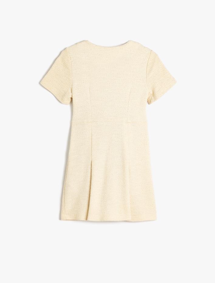 Kız Çocuk Tüvit Elbise Yuvarlak Yaka Kısa Kollu Kalp Detaylı