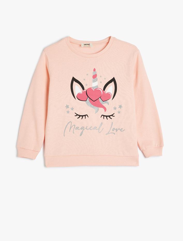 Kız Çocuk Unicorn Sweatshirt Simli Uzun Kollu Bisiklet Yaka Pamuklu Şardonlu