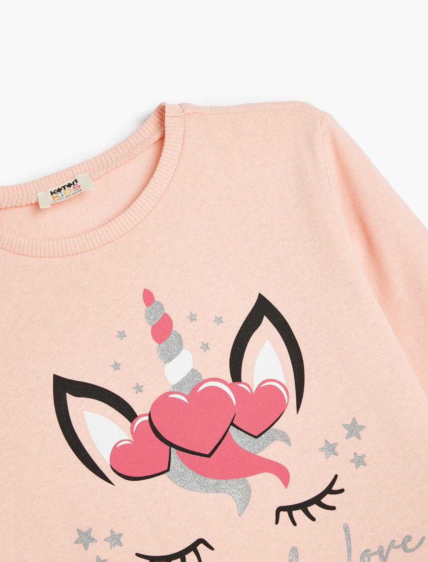  Kız Çocuk Unicorn Sweatshirt Simli Uzun Kollu Bisiklet Yaka Pamuklu Şardonlu