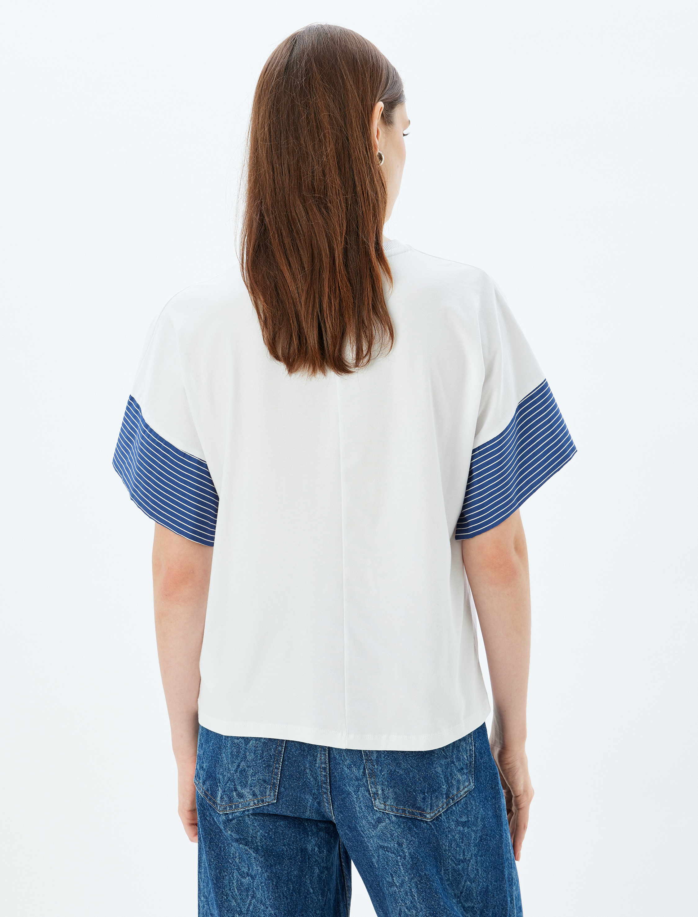   Renk Kontrastlı Kısa Kollu Bisiklet Yaka Pamuklu Çizgili Tişört