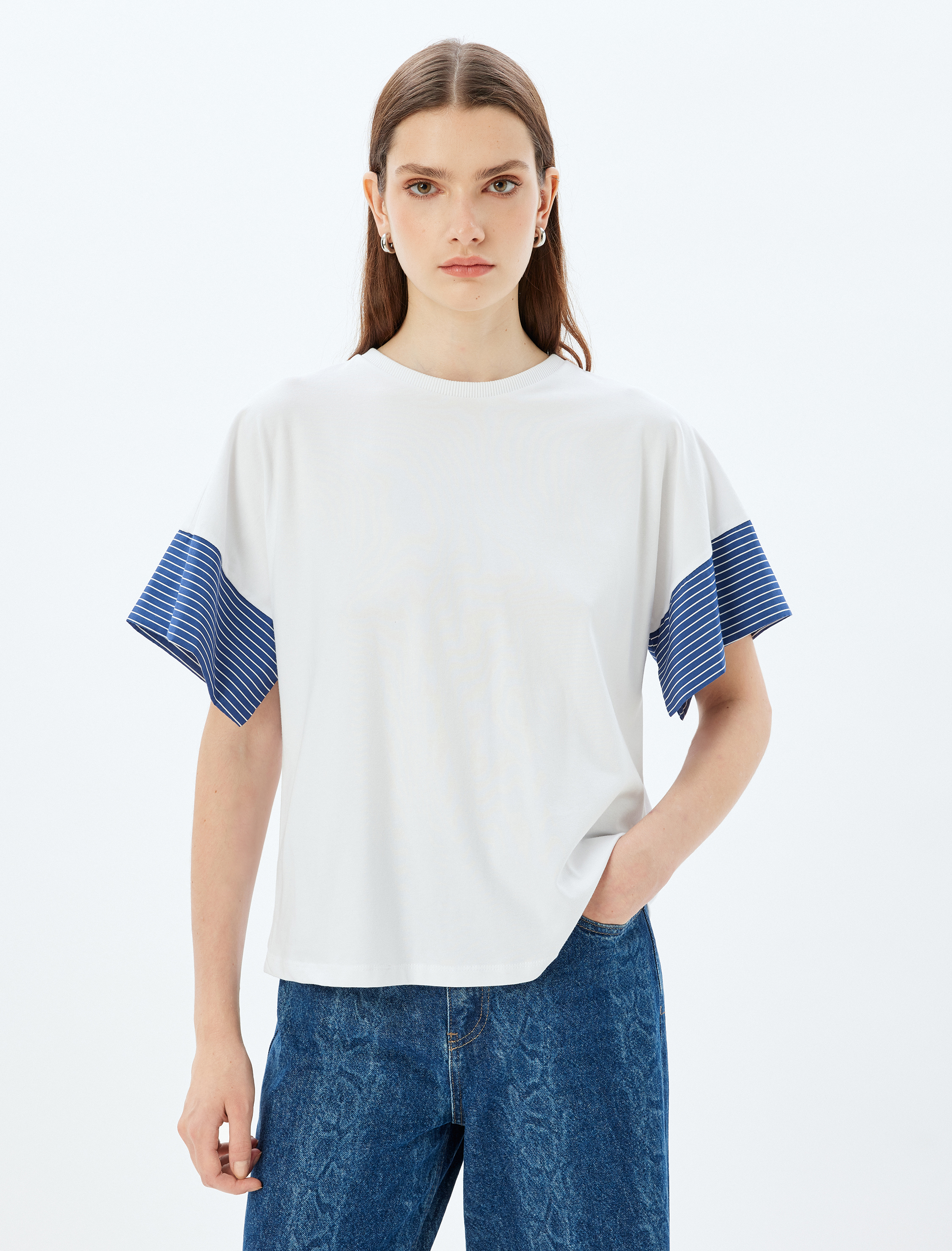   Renk Kontrastlı Kısa Kollu Bisiklet Yaka Pamuklu Çizgili Tişört