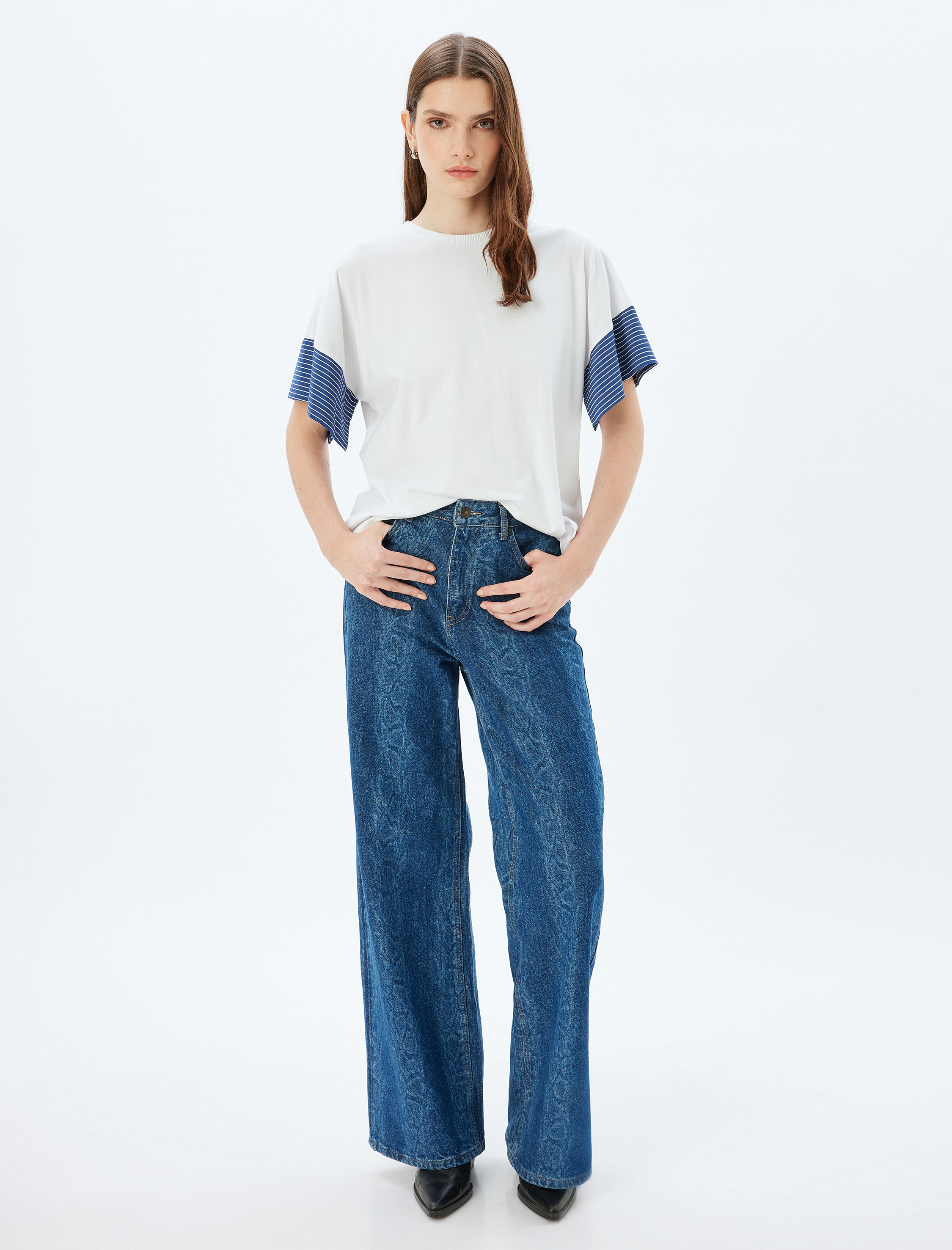   Renk Kontrastlı Kısa Kollu Bisiklet Yaka Pamuklu Çizgili Tişört