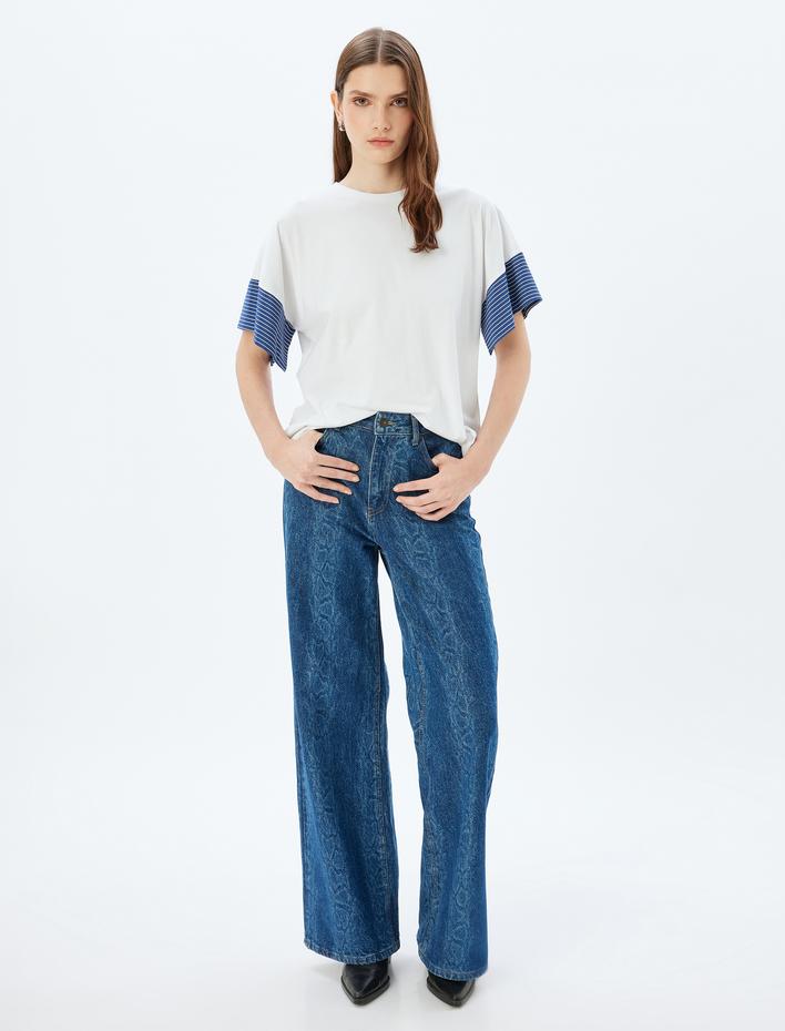  Renk Kontrastlı Kısa Kollu Bisiklet Yaka Pamuklu Çizgili Tişört