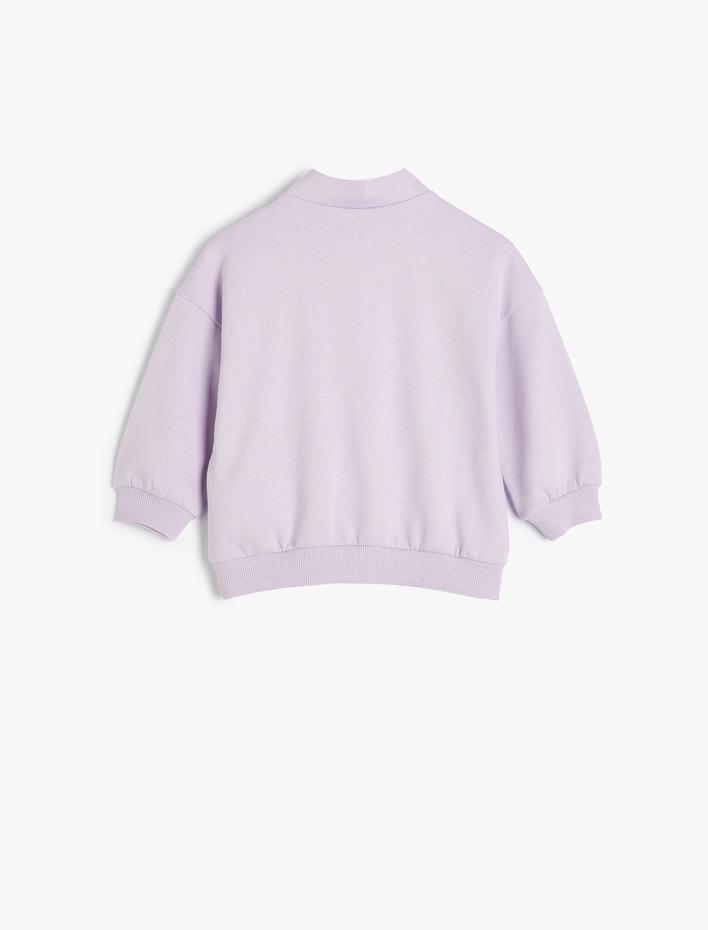 Kız Bebek Sweatshirt Dik Yaka Uzun Kollu Yarım Fermuarlı Baskı Detaylı Şardonlu