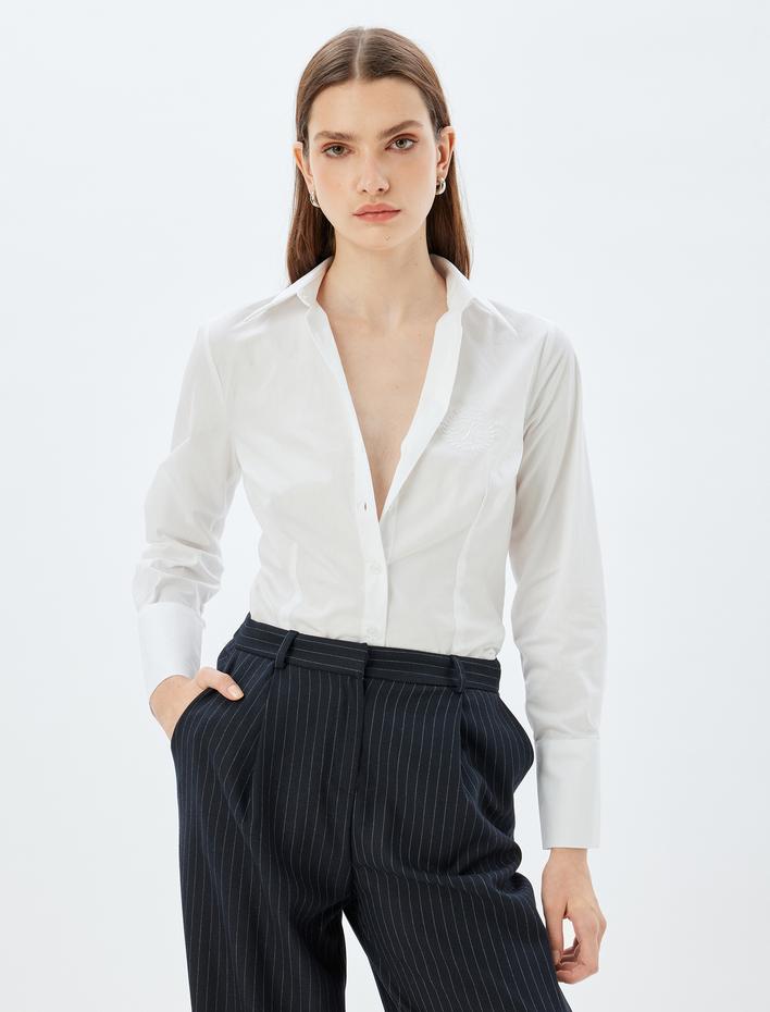  Slim Fit Gömlek Arma İşleme Detaylı Uzun Kollu Klasik Yaka