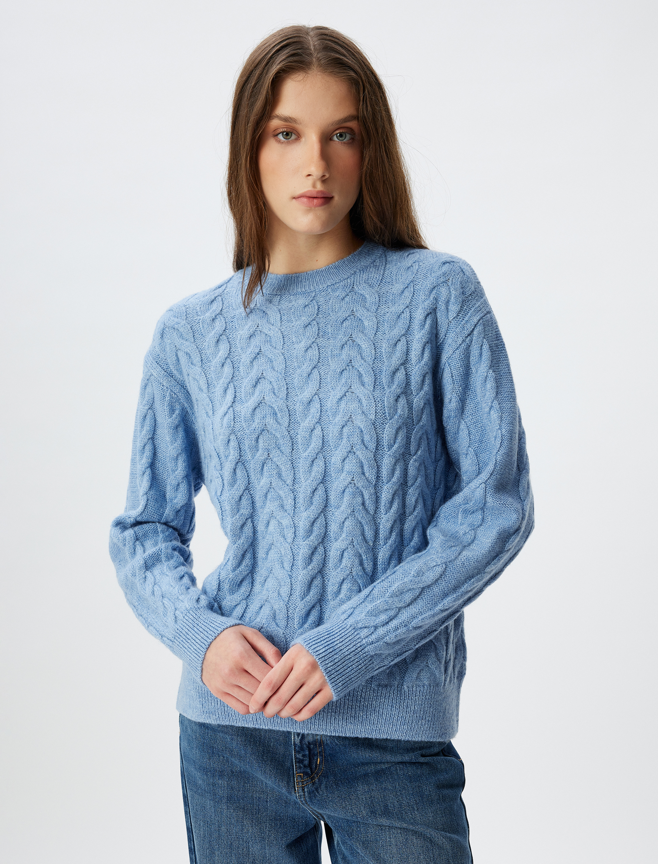   Örgü Kazak Saç Örgü Dokulu Uzun Kollu Bisiklet Yaka