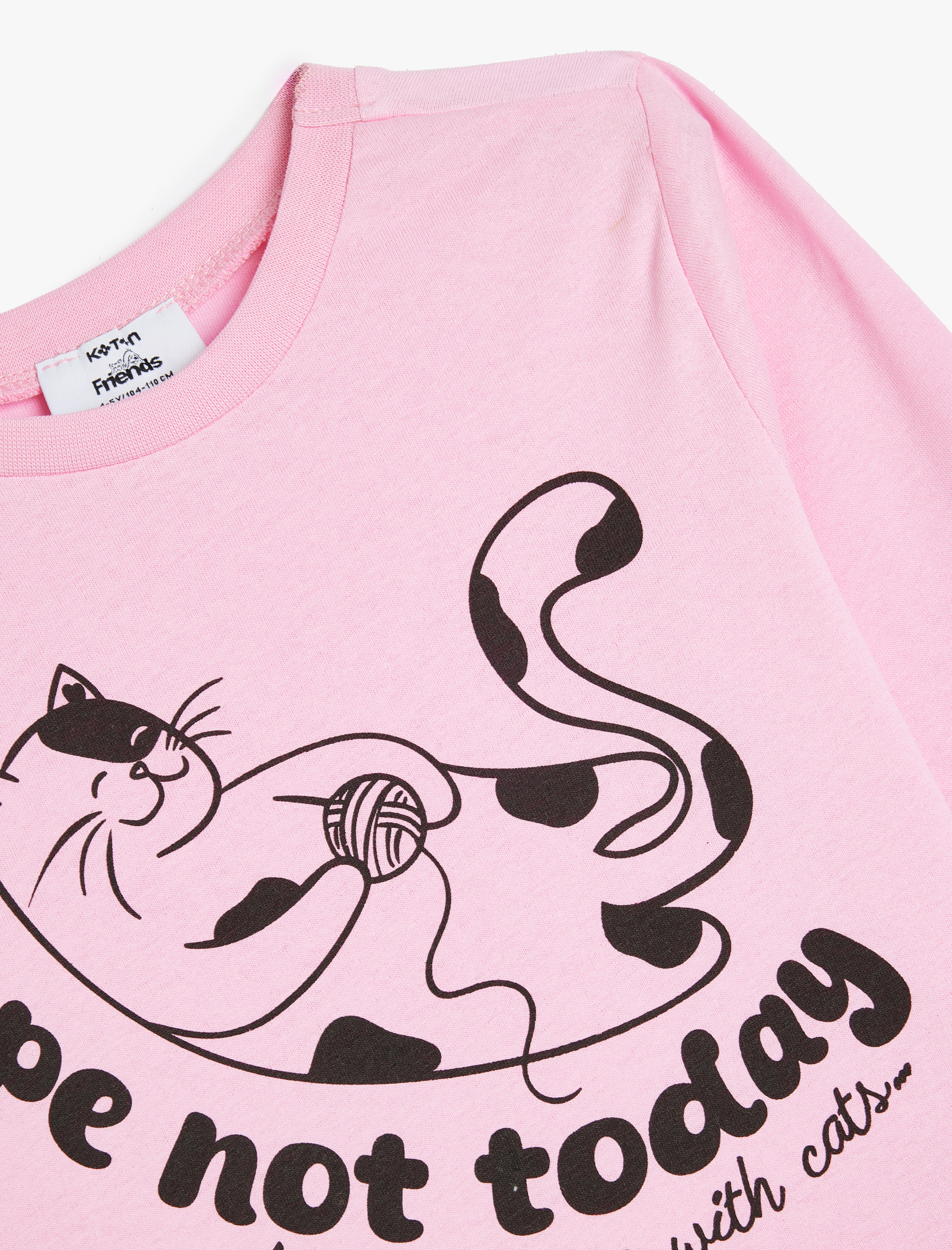  Kız Çocuk Kedi Baskılı Uzun Kollu Bisiklet Yaka Pamuklu Tişört