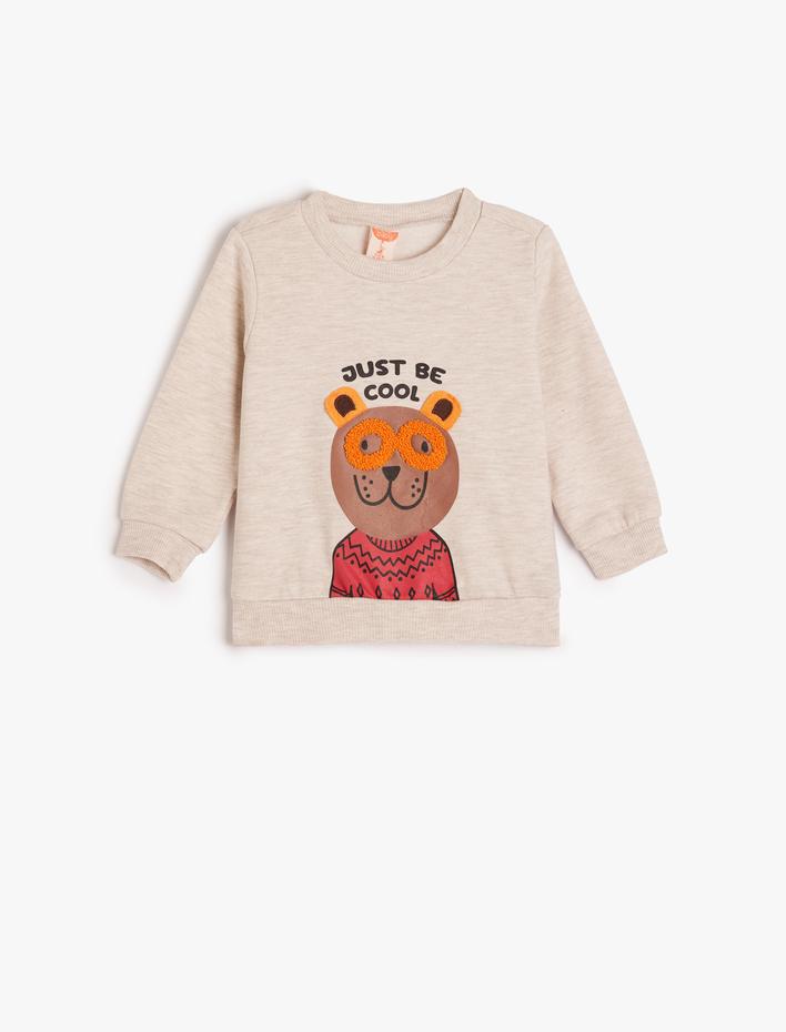 Erkek Bebek Sweatshirt Ayıcık Baskılı Uzun Kollu Bisiklet Yaka