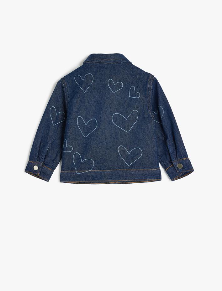 Kız Bebek Kot Ceket Kalp Baskılı Uzun Kollu Cep Detaylı Pamuklu