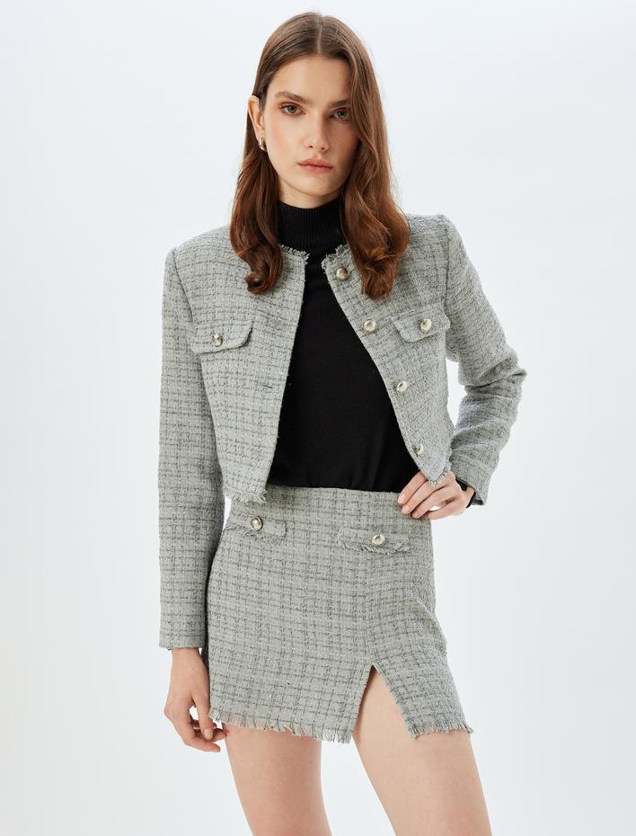  Püsküllü Yırtmaç Detaylı A Kesim Tüvit Mini Etek