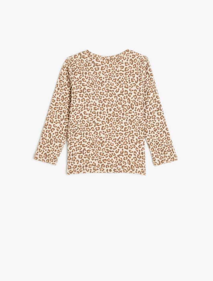 Kız Bebek Tişört Uzun Kollu Leopar Baskılı Bisiklet Yaka Pamuklu