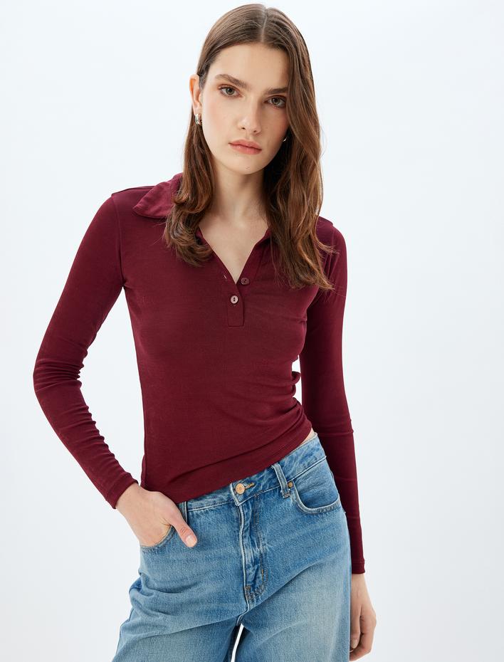 Polo Yaka Tişört Basic Uzun Kollu Düğmeli Slim Fit