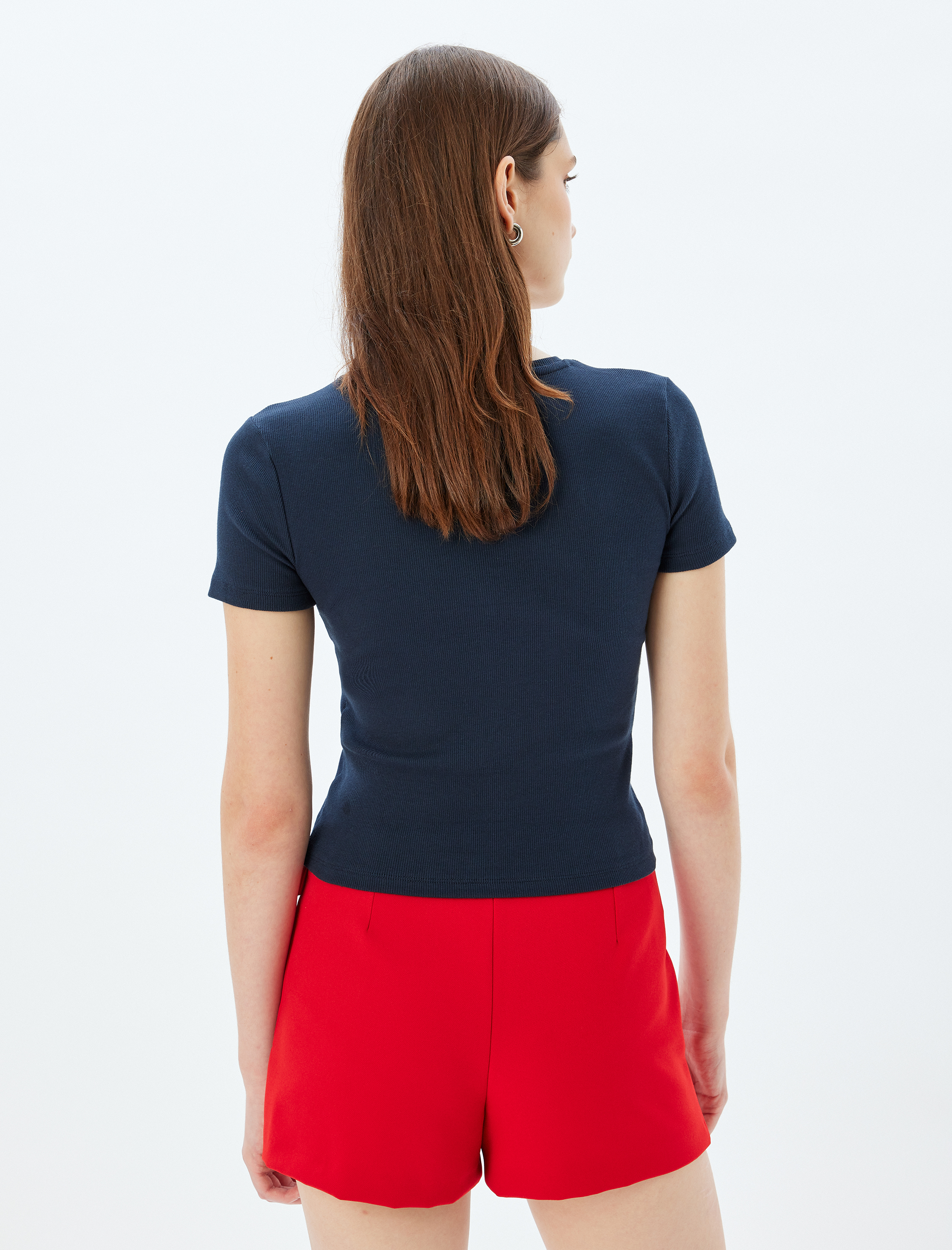 Kısa Kollu Bisiklet Yaka Pamuklu Slim Fit Basic Fitilli Tişört