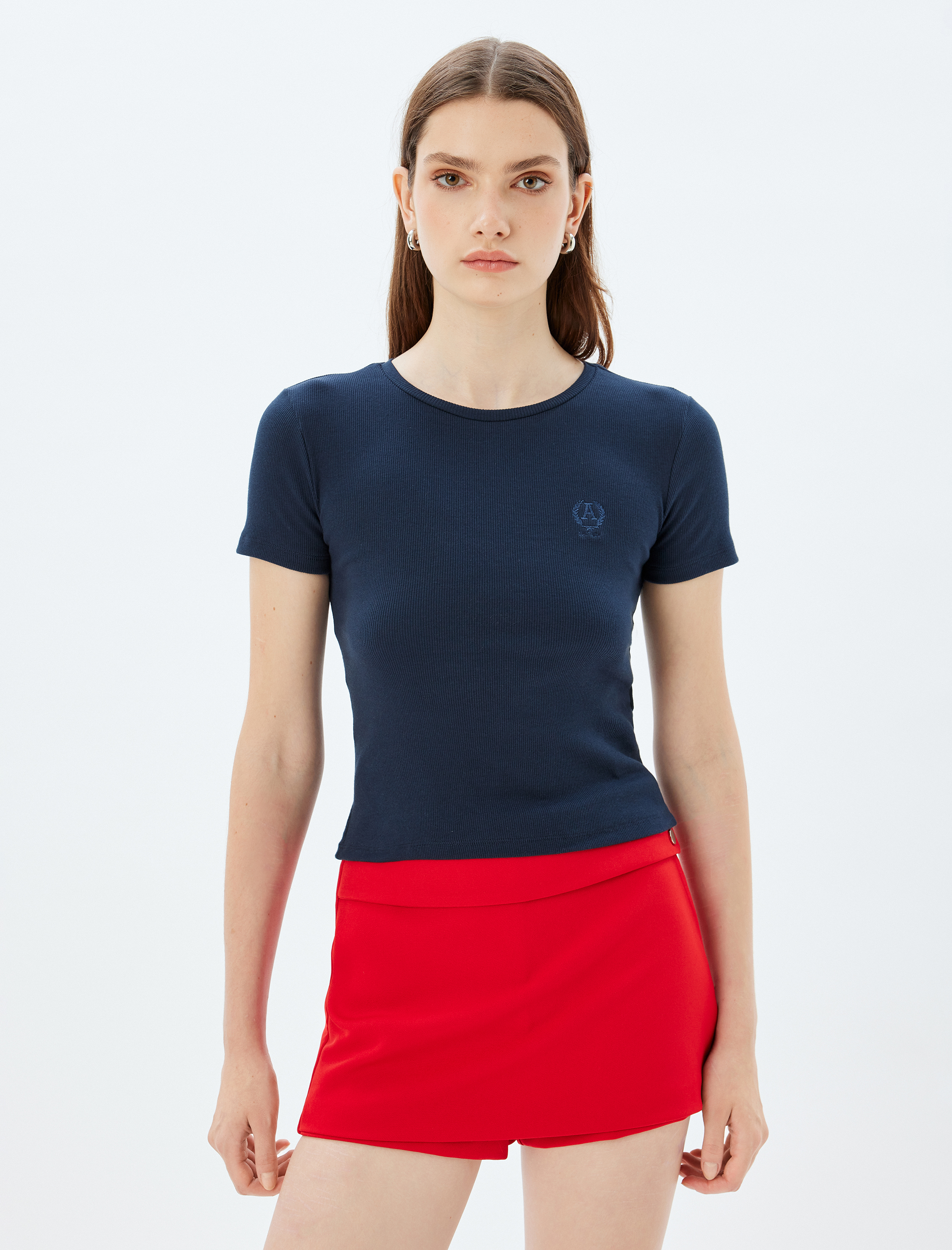 Kısa Kollu Bisiklet Yaka Pamuklu Slim Fit Basic Fitilli Tişört