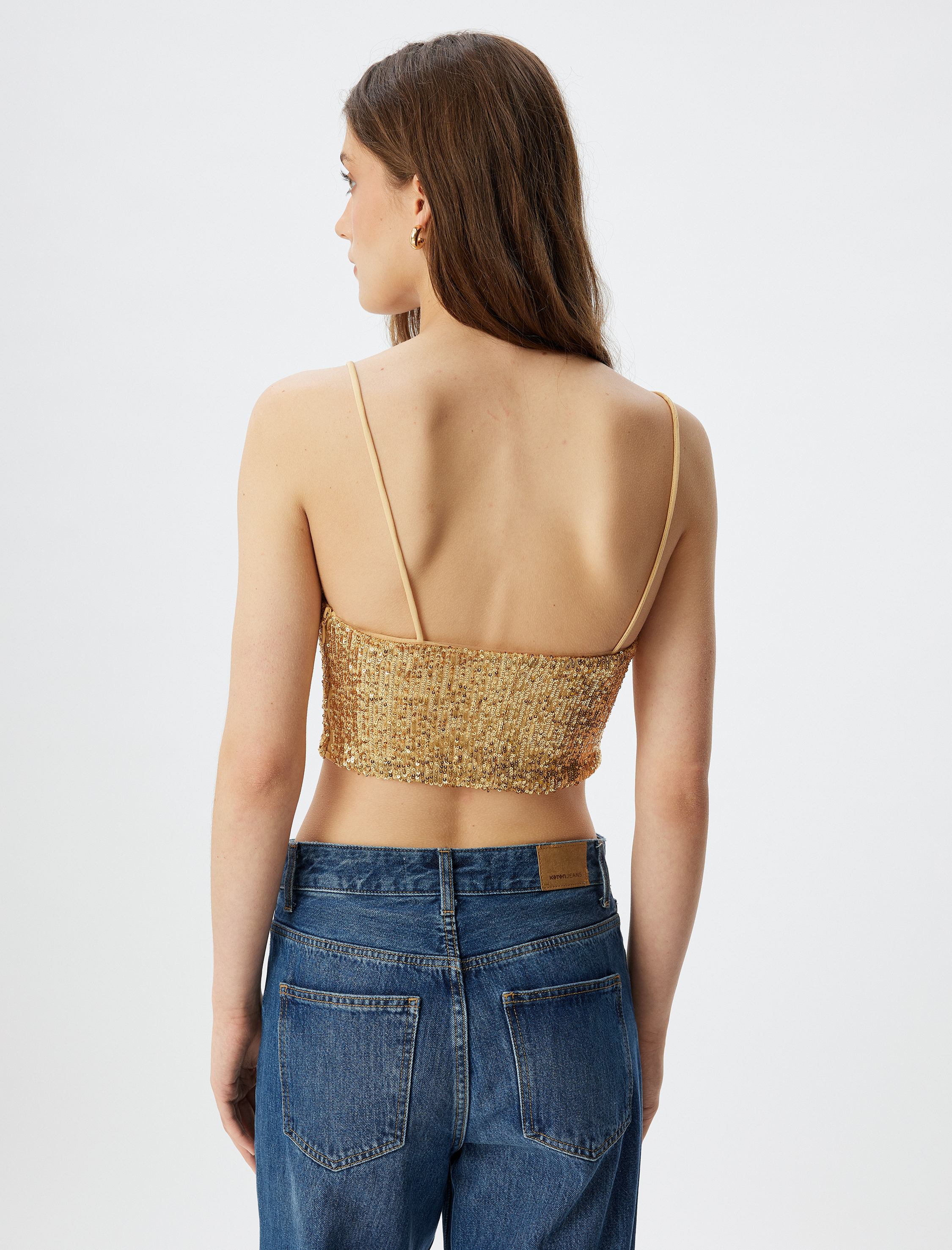 Pullu Payetli İp Askılı Kare Yaka Crop Bluz