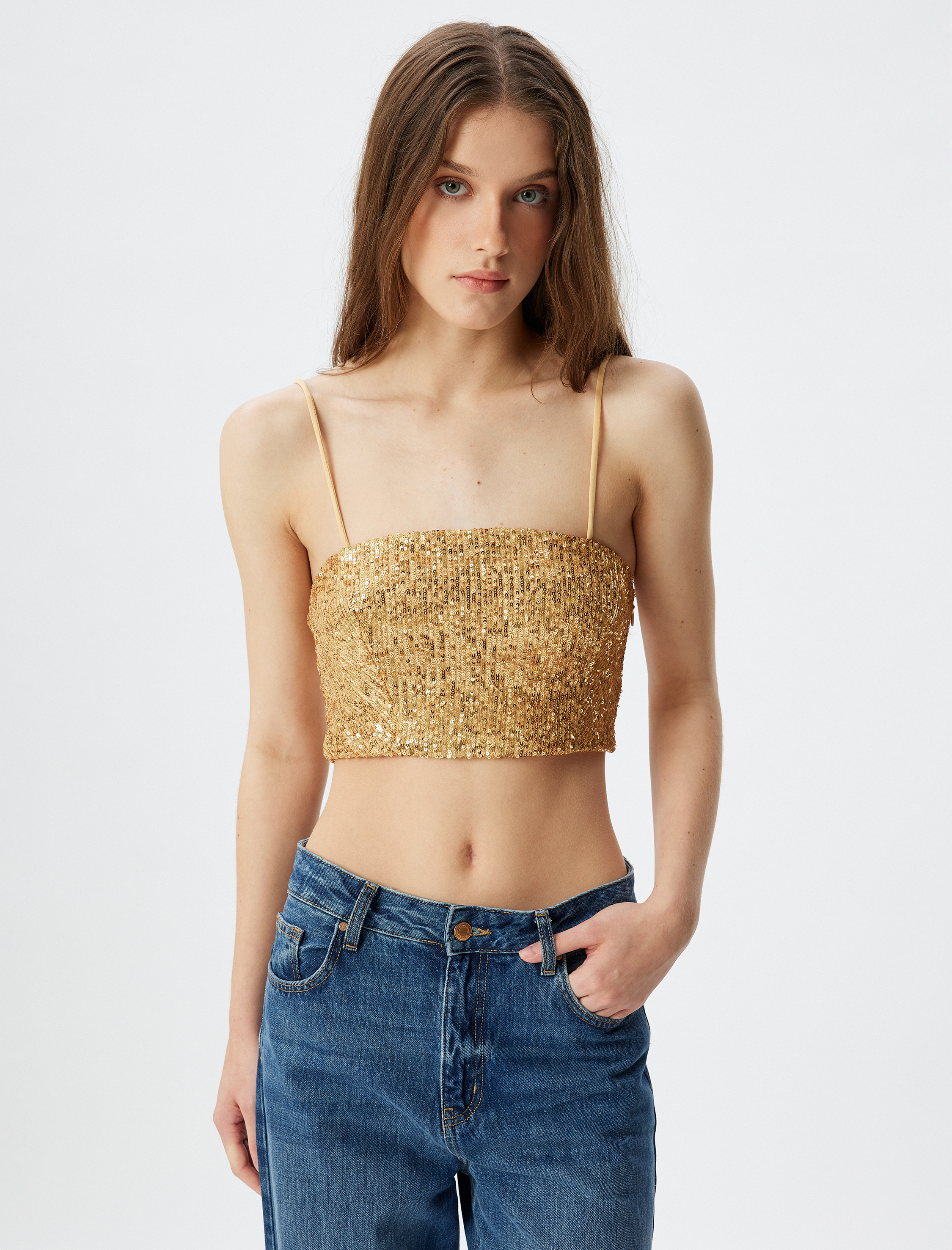Pullu Payetli İp Askılı Kare Yaka Crop Bluz