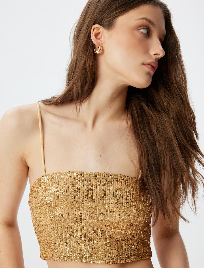  Pullu Payetli İp Askılı Kare Yaka Crop Bluz