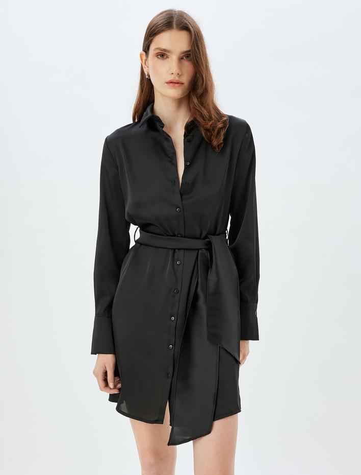  Kuşak Detaylı Uzun Kollu Mini Saten Gömlek Elbise