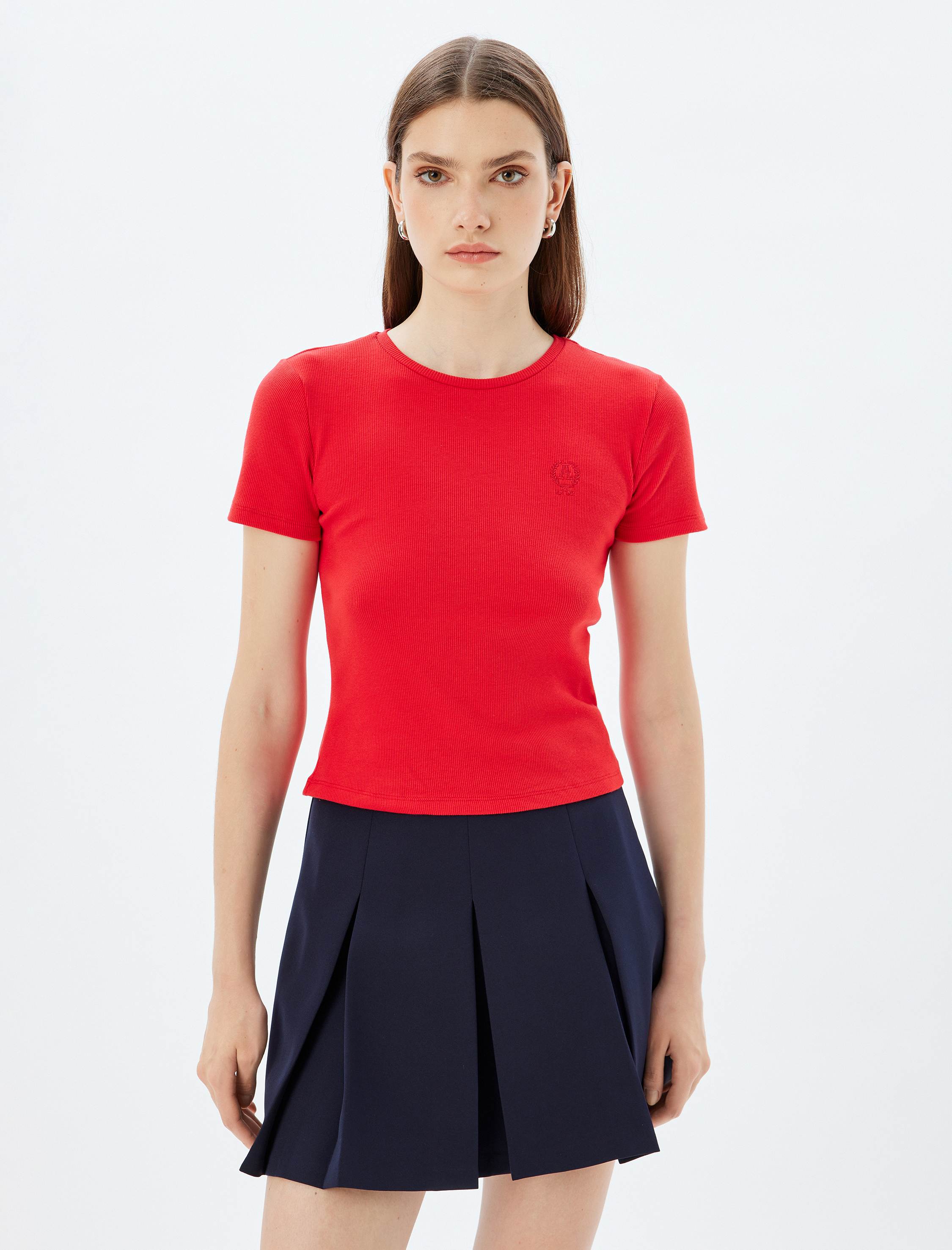 Kısa Kollu Bisiklet Yaka Pamuklu Slim Fit Basic Fitilli Tişört