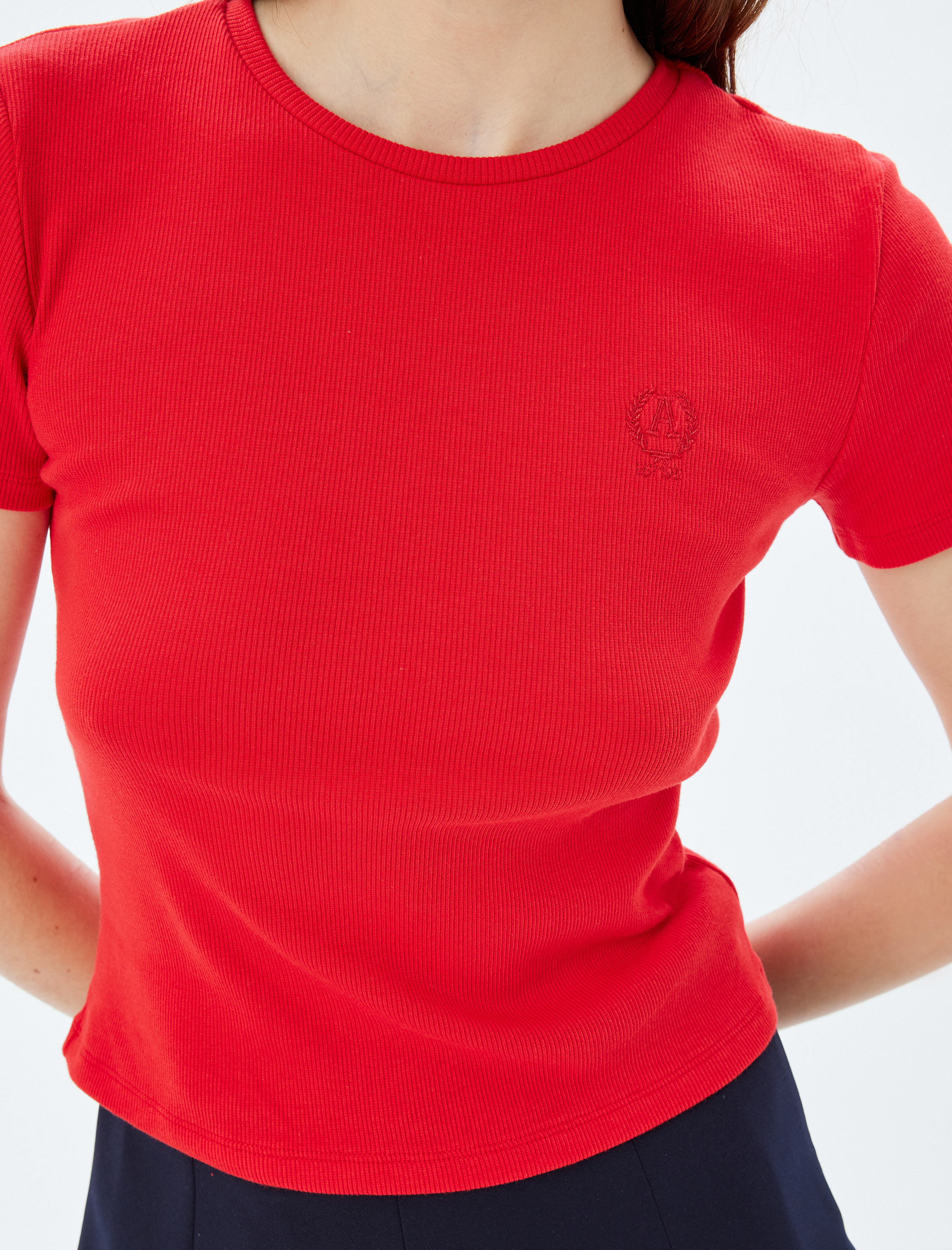 Kısa Kollu Bisiklet Yaka Pamuklu Slim Fit Basic Fitilli Tişört