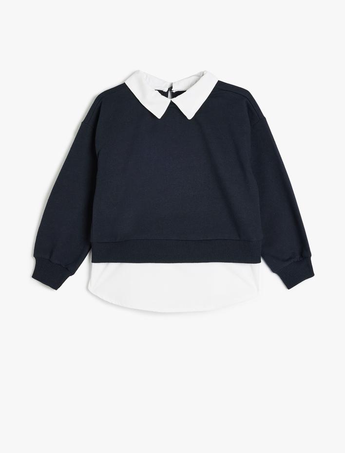 Kız Çocuk Çift Kumaş Detaylı Gömlek Yaka Sweatshirt