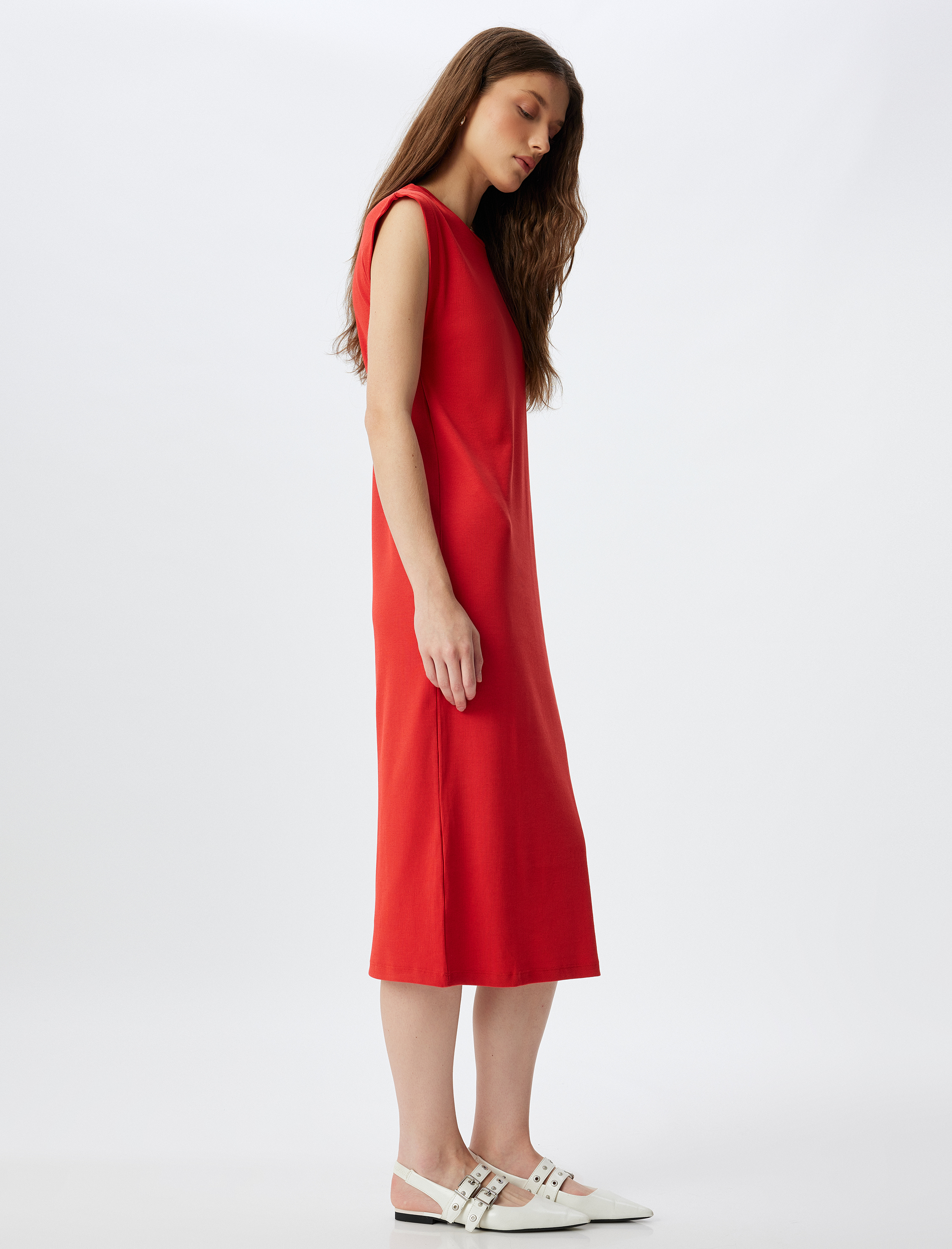   Yuvarlak Yaka Kap Kol Pamuklu Midi Boy Fitilli Elbise