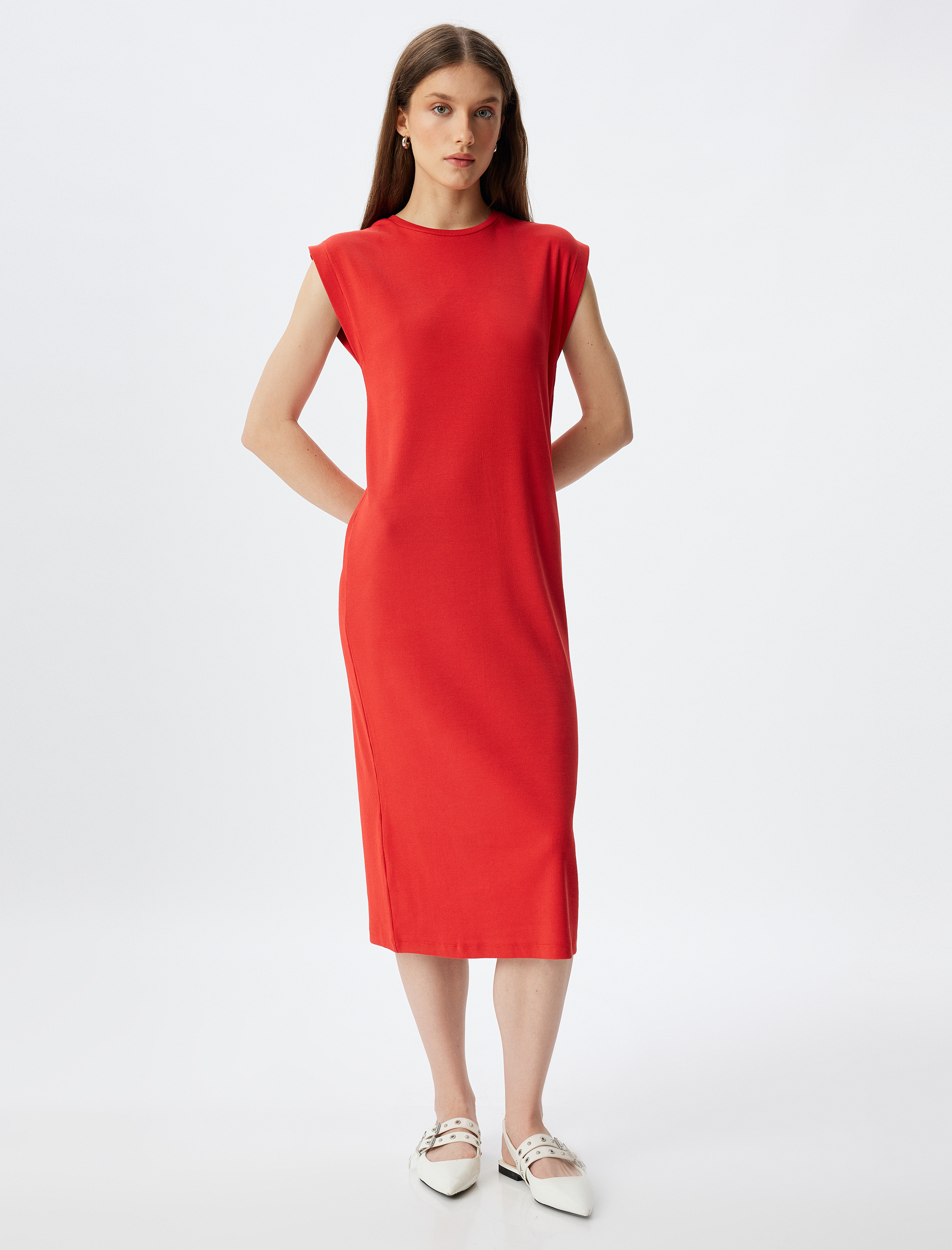   Yuvarlak Yaka Kap Kol Pamuklu Midi Boy Fitilli Elbise