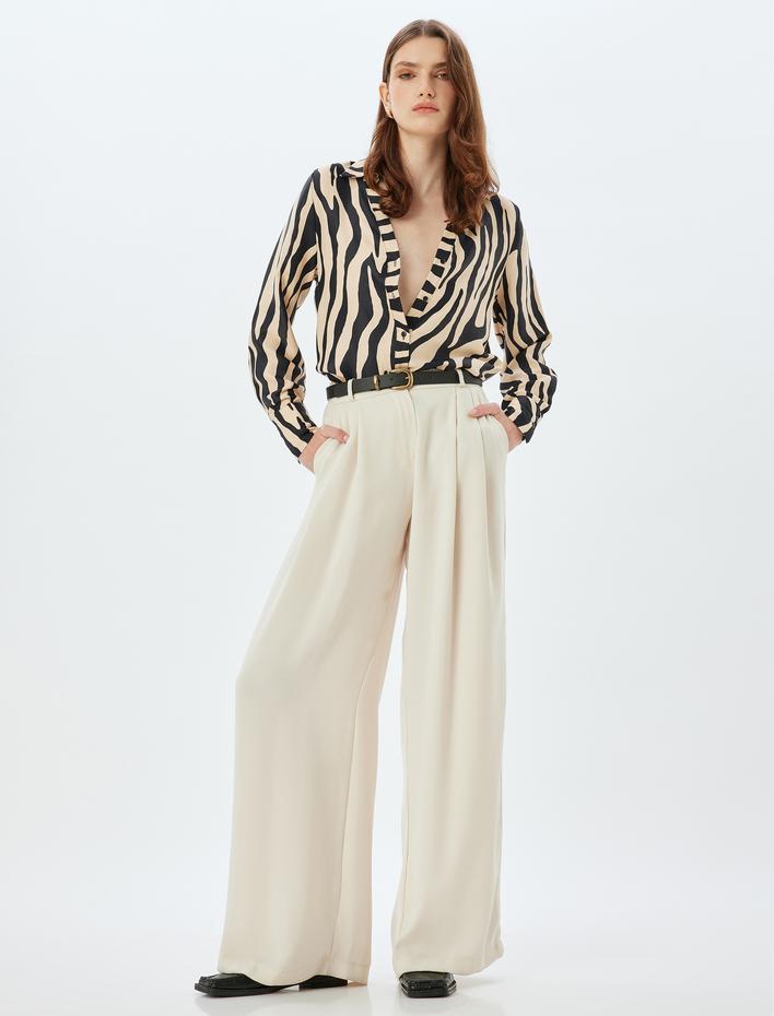  Zebra Desenli Gömlek Uzun Kollu V Yaka