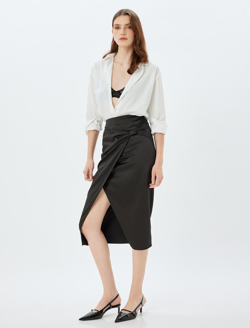   Saten Etek Midi Boy Kruvaze Yırtmaç Detaylı Fiyonklu Slim Fit