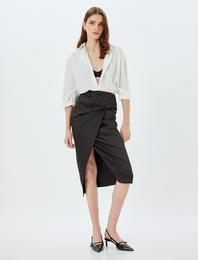 Saten Etek Midi Boy Kruvaze Yırtmaç Detaylı Fiyonklu Slim Fit
