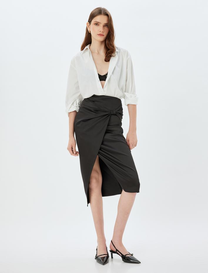  Saten Etek Midi Boy Kruvaze Yırtmaç Detaylı Fiyonklu Slim Fit