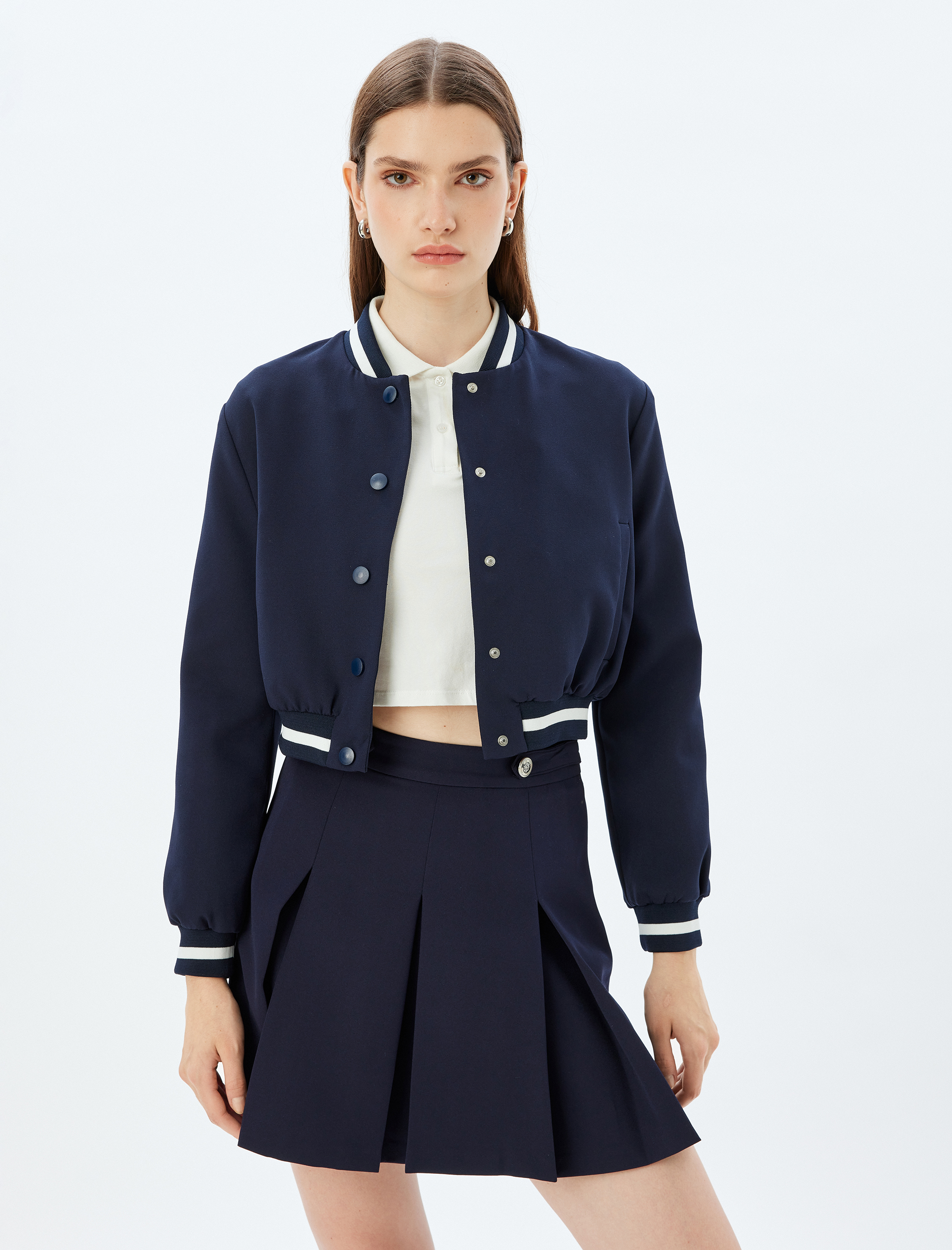   Kolej Bomber Ceket Yuvarlak Yaka Cepli Çizgili Çıt Çıt Düğmeli