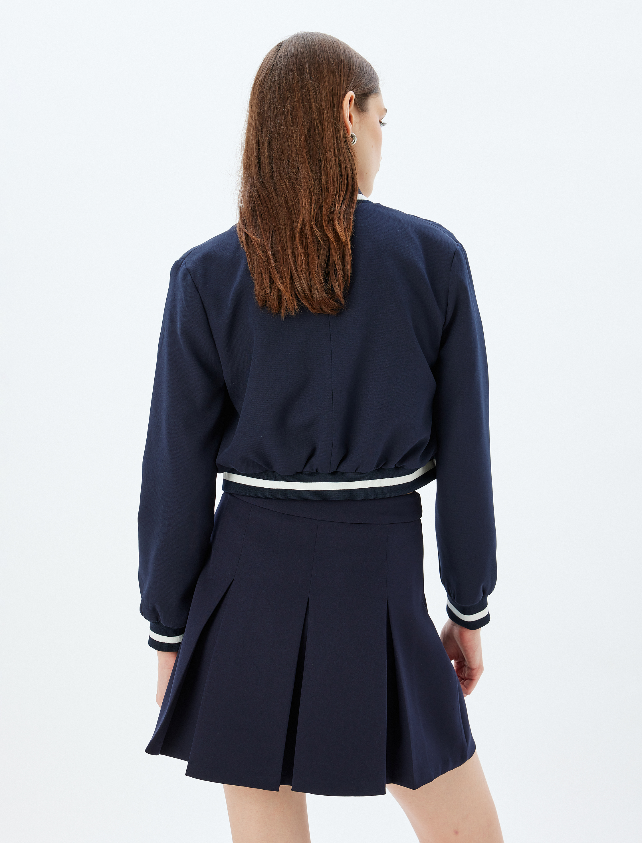   Kolej Bomber Ceket Yuvarlak Yaka Cepli Çizgili Çıt Çıt Düğmeli