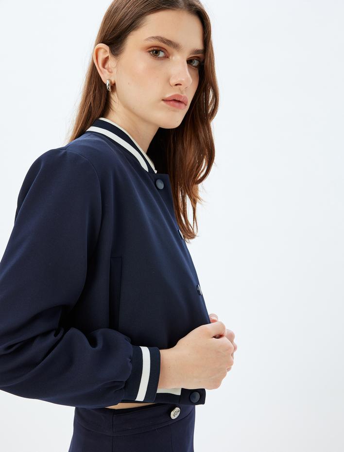  Kolej Bomber Ceket Yuvarlak Yaka Cepli Çizgili Çıt Çıt Düğmeli