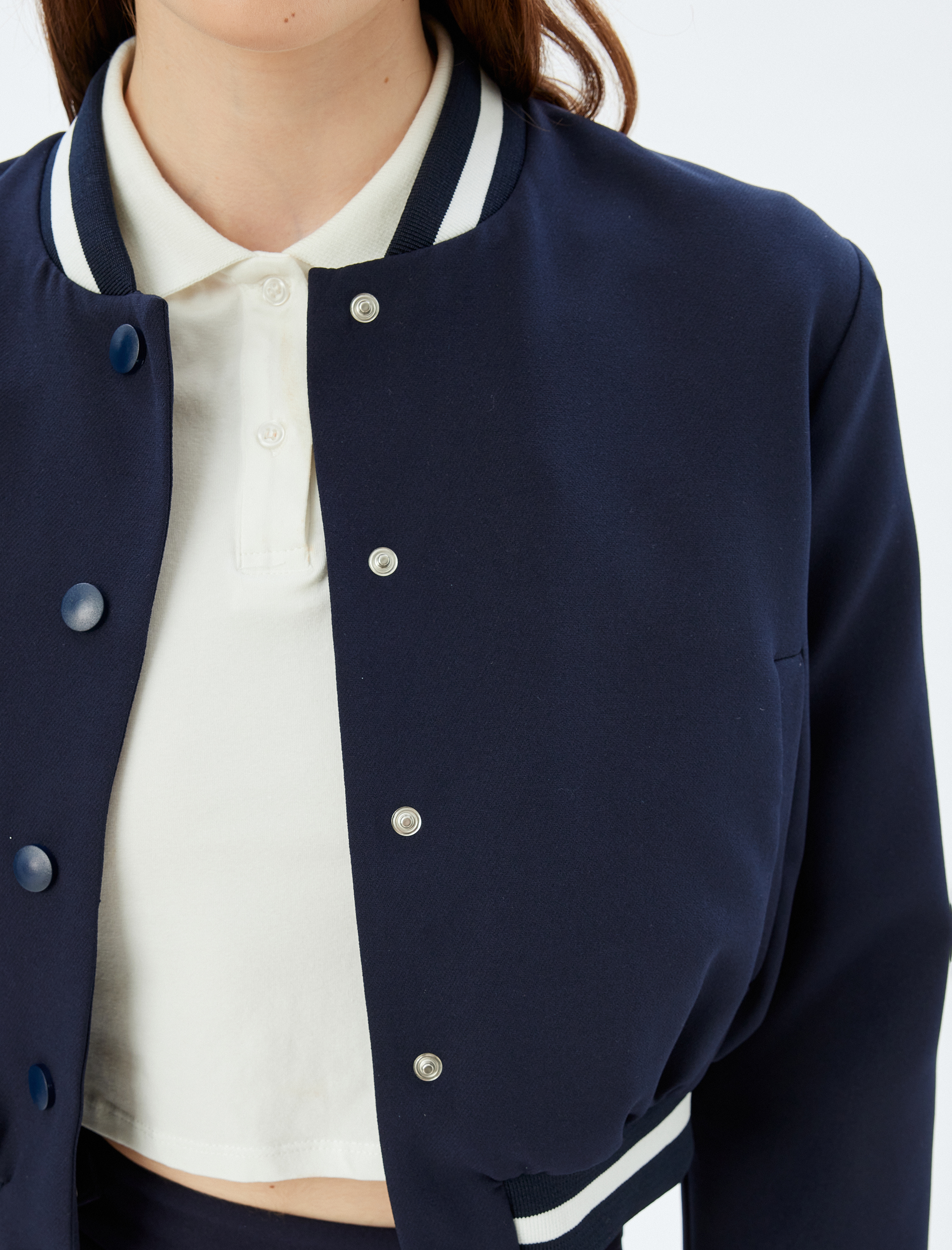   Kolej Bomber Ceket Yuvarlak Yaka Cepli Çizgili Çıt Çıt Düğmeli