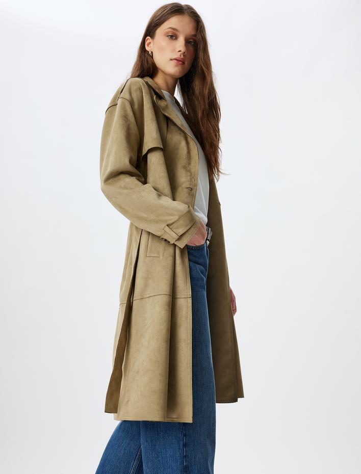  Uzun Suni Süet Trençkot Kruvaze Cepli Arkası Rüzgar Kapaklı